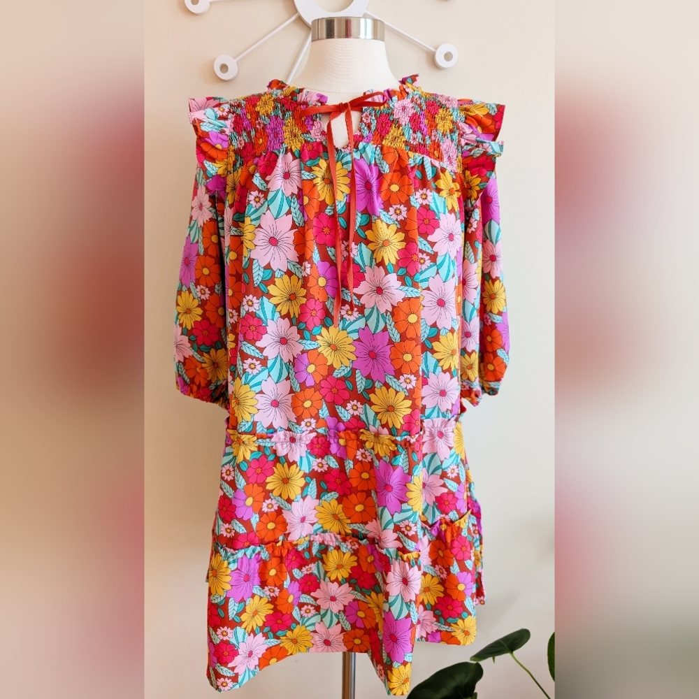 NWT Retro Floral Tiered XL-2XL Dress | Smocked Boho Flower Plus Size | 70s Style